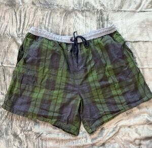 Bowen & Wright Casual Wear Blue Green Trartan Plaid Cotton Swim Trunks Shorts L